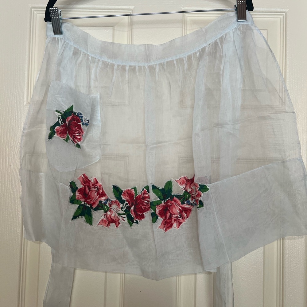 Handmade Vintage Floral  Waist Apron with Pocket White Pink Green
